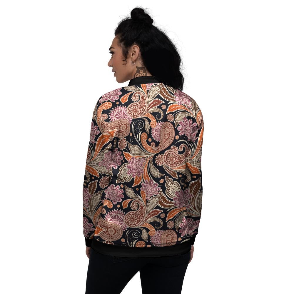 Bohemian Tangerine Floral Print Pattern Women's Bomber Jacket-grizzshop
