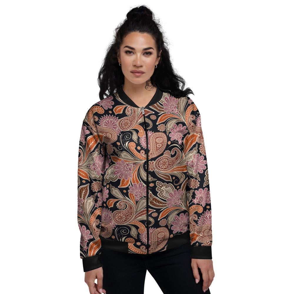 Bohemian Tangerine Floral Print Pattern Women's Bomber Jacket-grizzshop