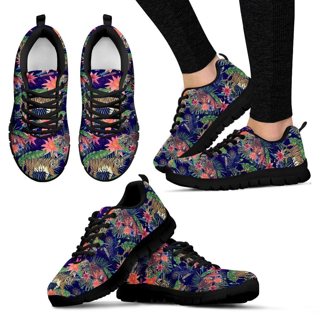 Bohemian Tiger Pattern Print Black Sneaker Shoes For Men Women-grizzshop