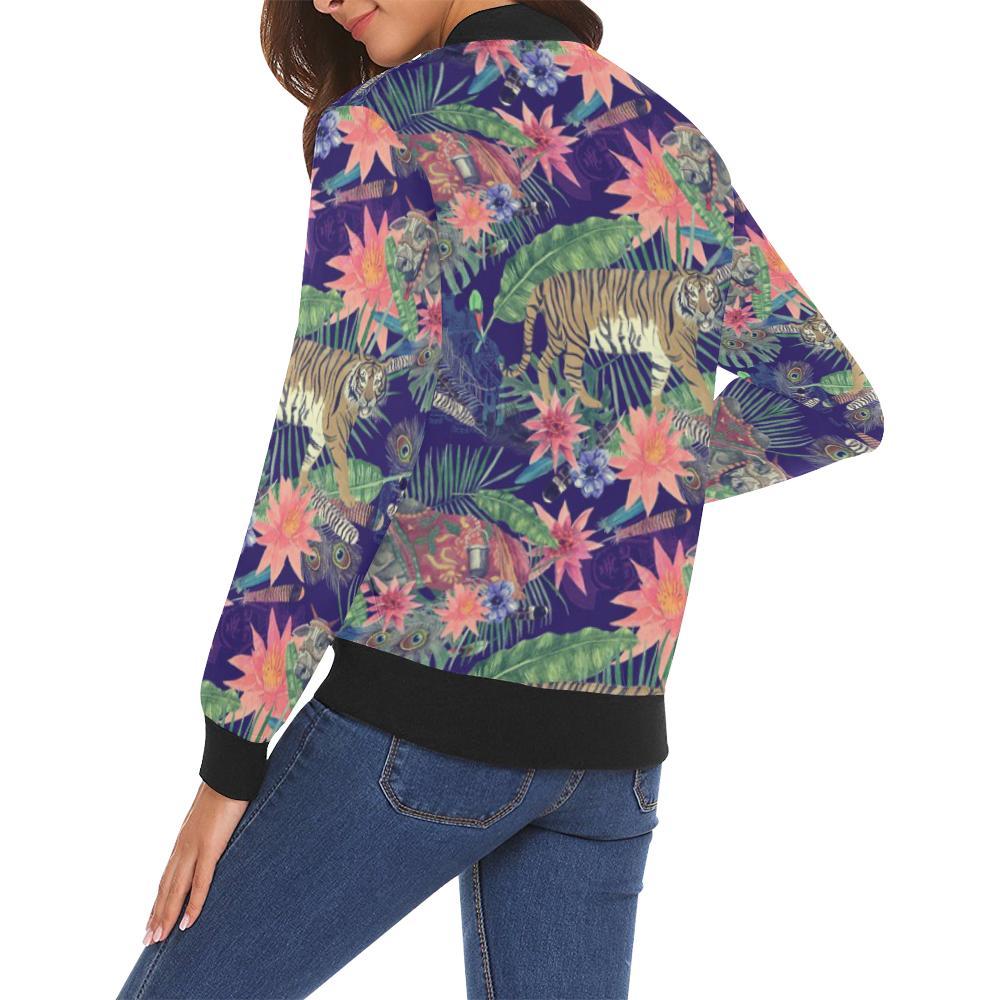 Bohemian Tiger Pattern Print Women Casual Bomber Jacket-grizzshop