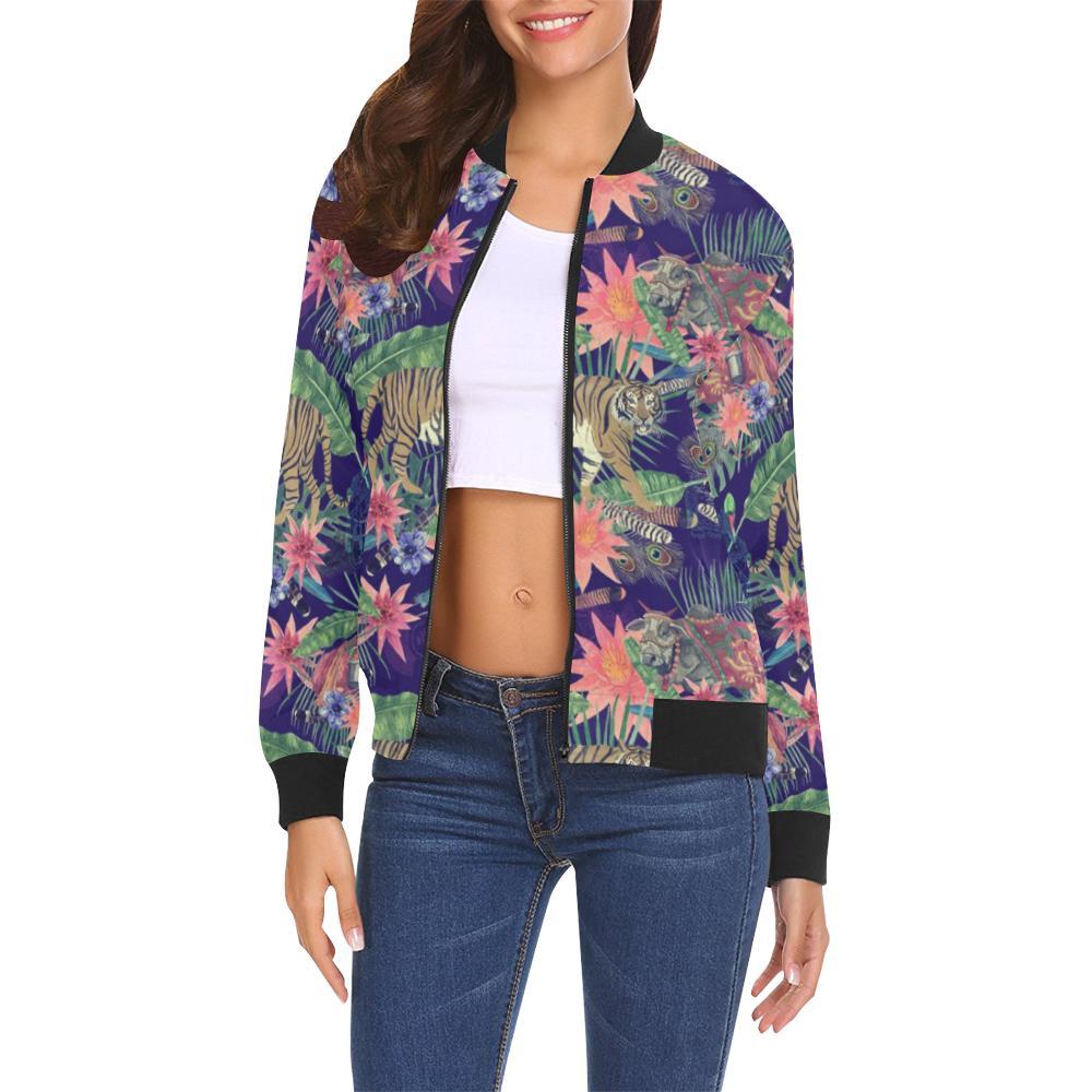 Bohemian Tiger Pattern Print Women Casual Bomber Jacket-grizzshop