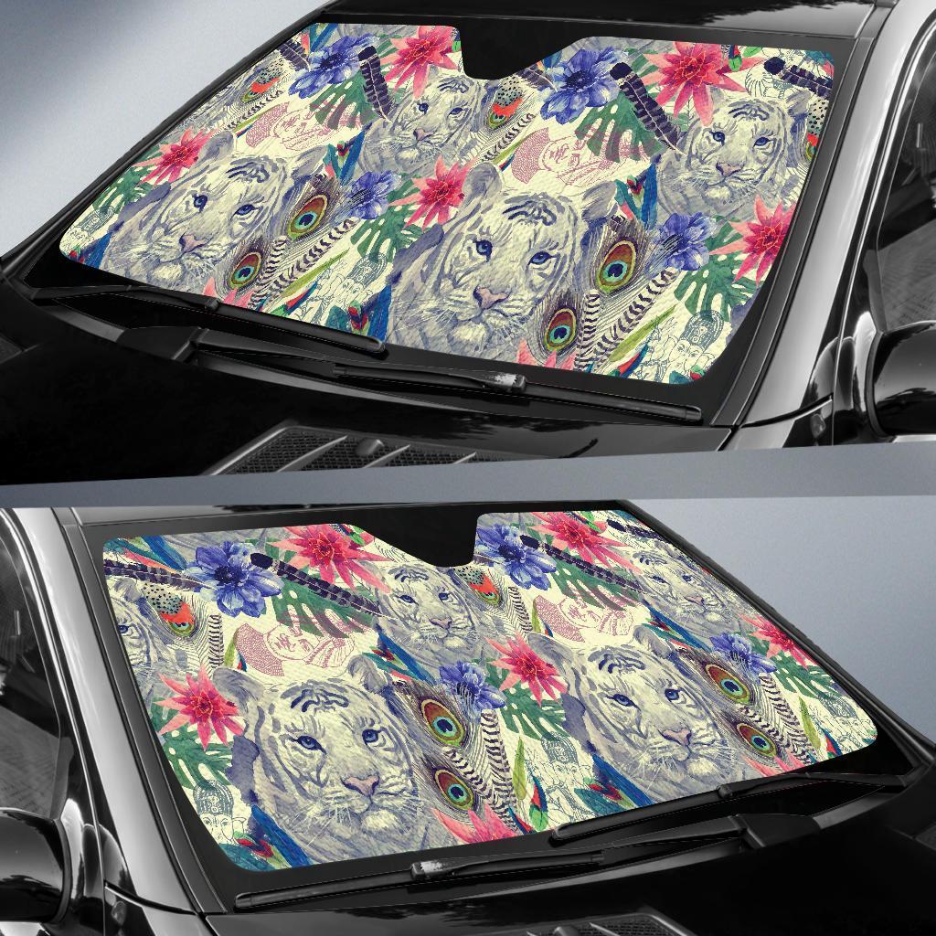 Bohemian White Tiger Pattern Print Car Sun Shade-grizzshop