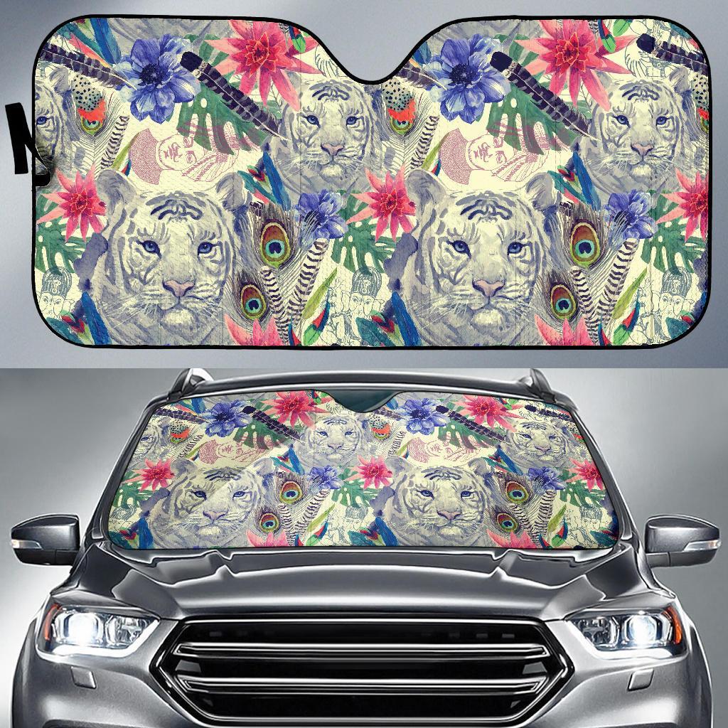 Bohemian White Tiger Pattern Print Car Sun Shade-grizzshop