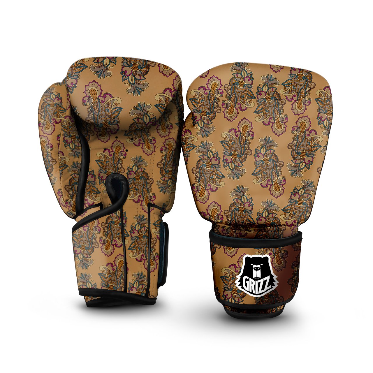 Bohemian Umber Floral Print Pattern Boxing Gloves-grizzshop