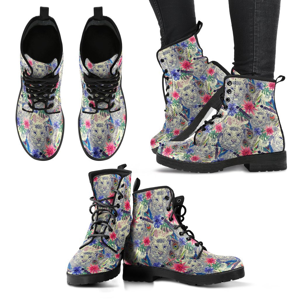 Bohemian White Tiger Pattern Print Men Women Leather Boots-grizzshop