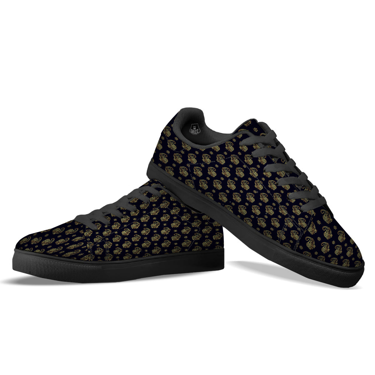 Boho Elephant Gold Cute Print Pattern Black Low Top Sneakers-grizzshop