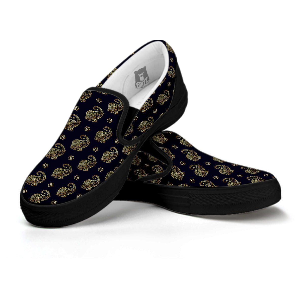 Boho Elephant Gold Cute Print Pattern Black Slip On Shoes-grizzshop