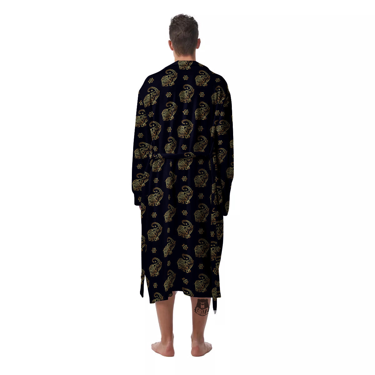 Boho Elephant Gold Cute Print Pattern Men's Robe-grizzshop