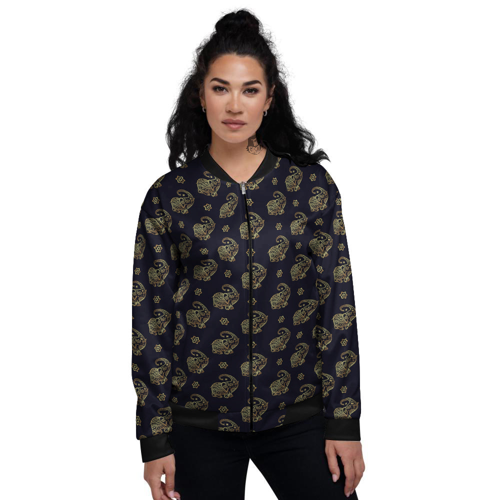 Boho Elephant Gold Cute Print Pattern Women's Bomber Jacket-grizzshop