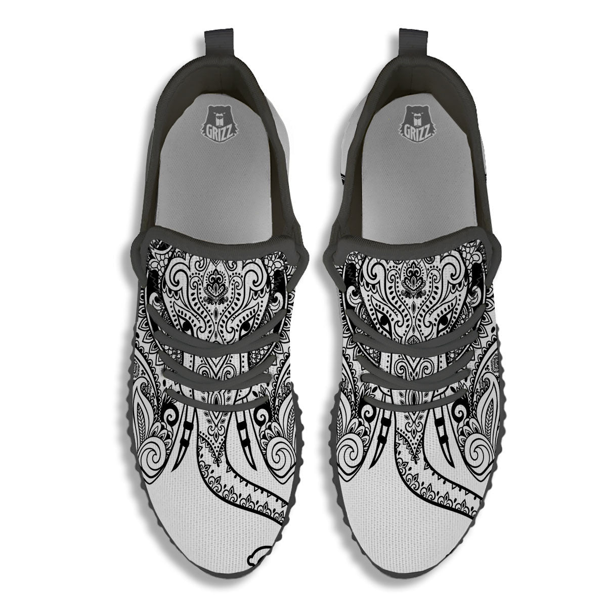 Boho Elephant White And Black Print Black Walking Shoes-grizzshop