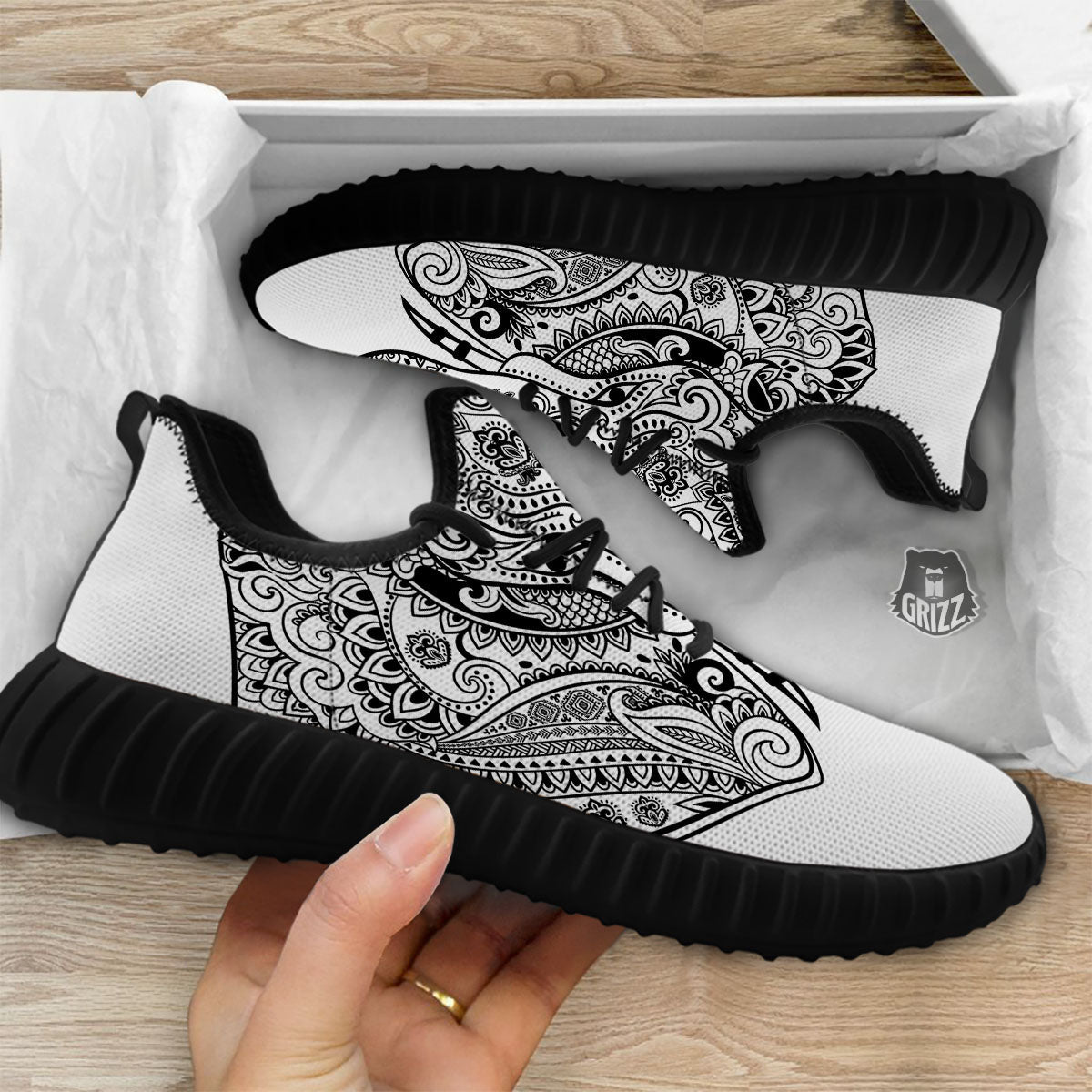 Boho Elephant White And Black Print Black Walking Shoes-grizzshop