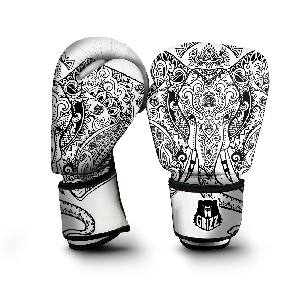Boho Elephant White And Black Print Boxing Gloves-grizzshop