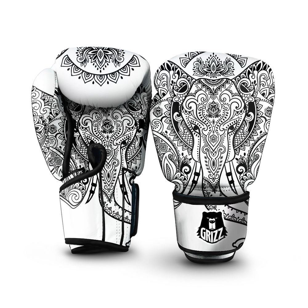 Boho Elephant White And Black Print Boxing Gloves-grizzshop