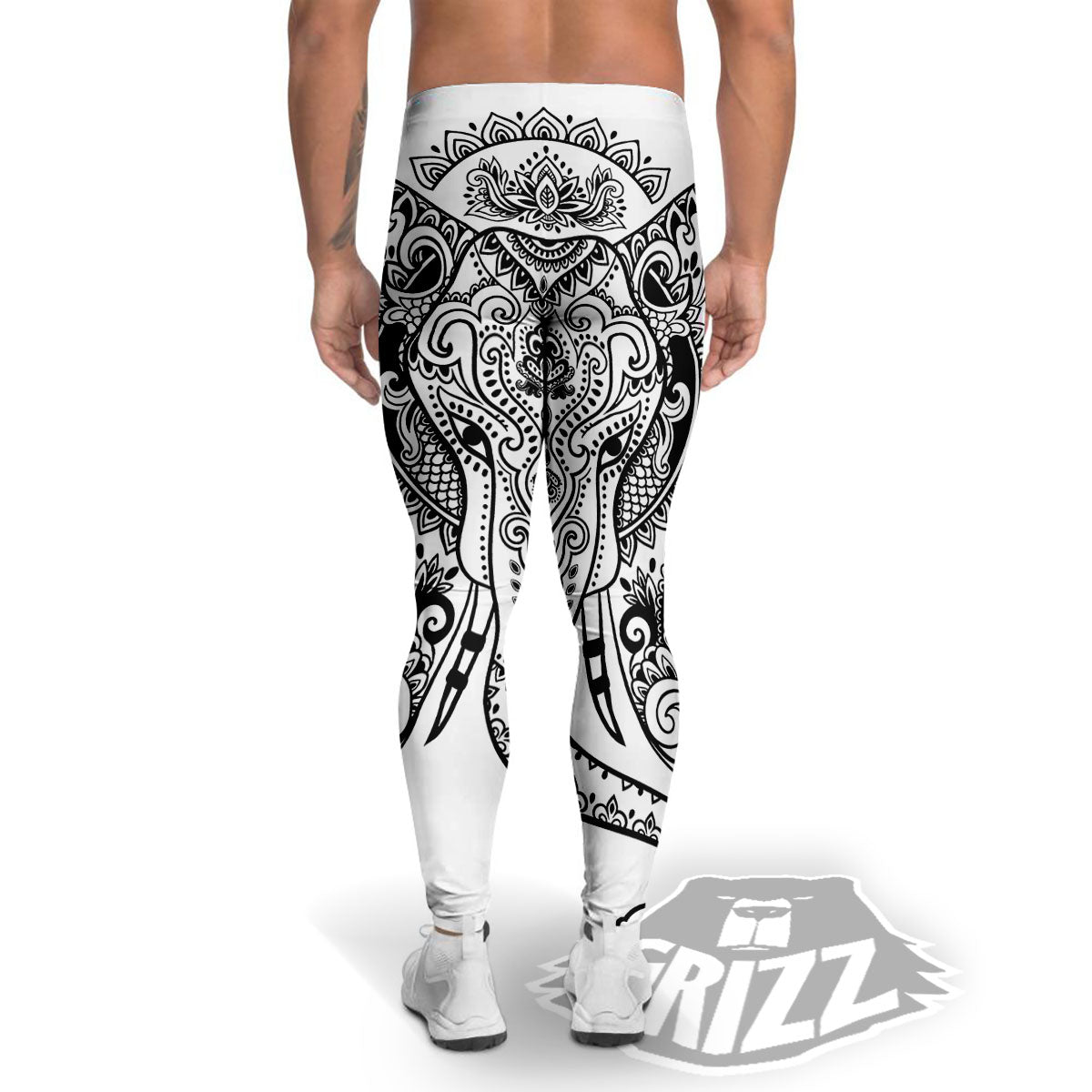 Boho Elephant White And Black Print Men's Leggings-grizzshop