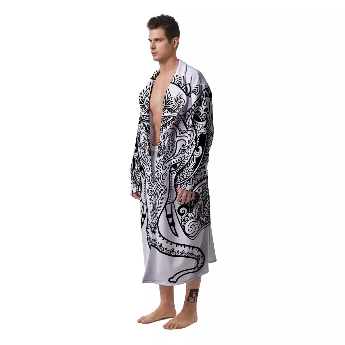 Boho Elephant White And Black Print Men's Robe-grizzshop