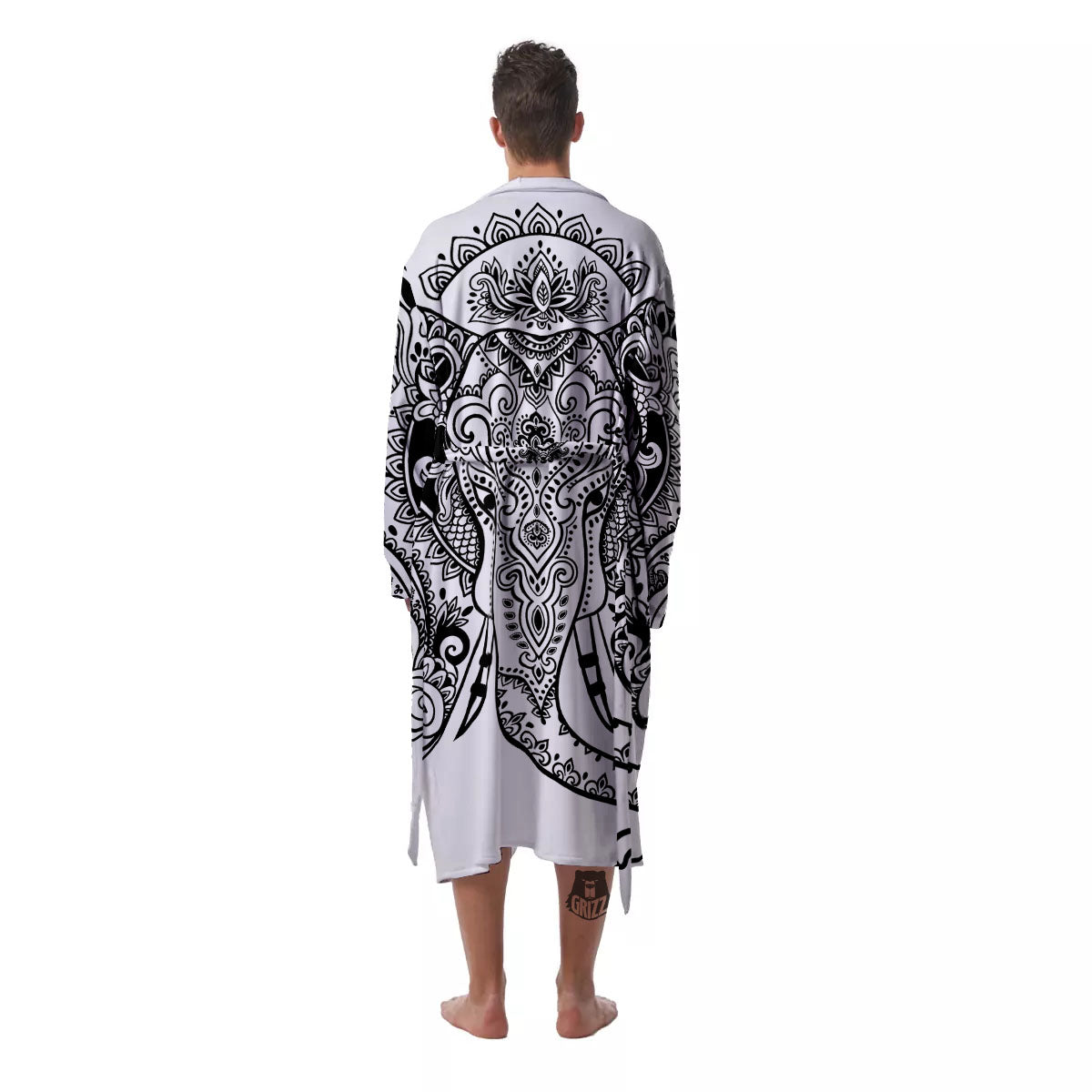 Boho Elephant White And Black Print Men's Robe-grizzshop