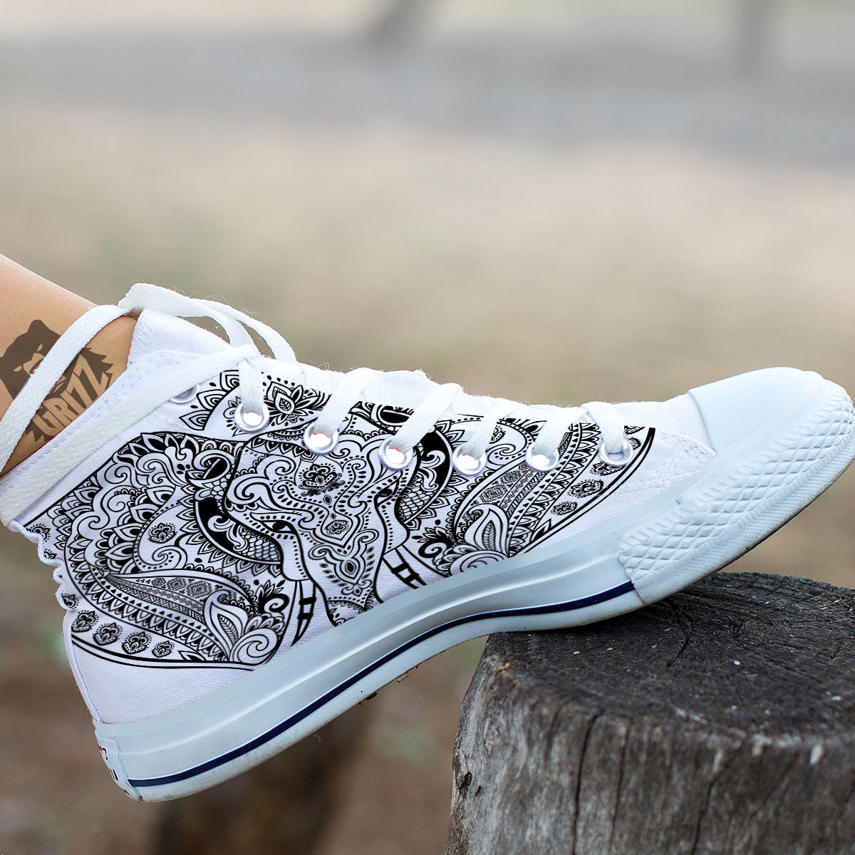 Boho Elephant White And Black Print White High Top Shoes-grizzshop
