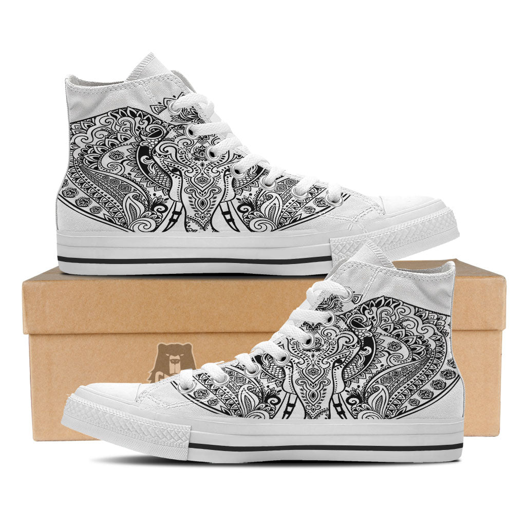 Boho Elephant White And Black Print White High Top Shoes-grizzshop