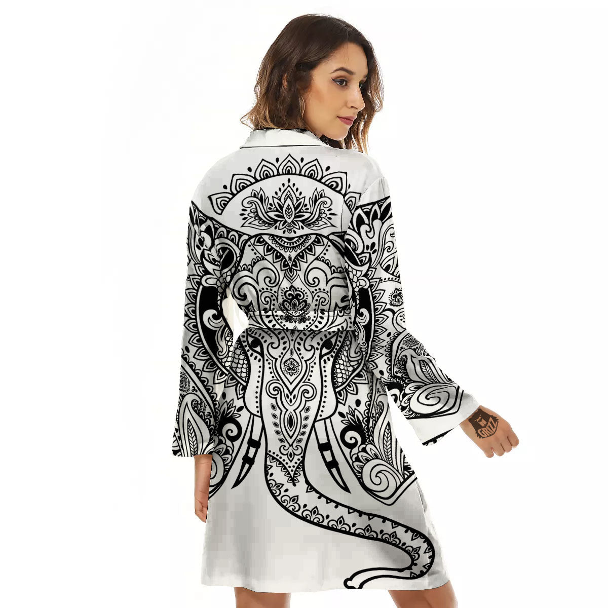 Boho Elephant White And Black Print Women's Robe-grizzshop