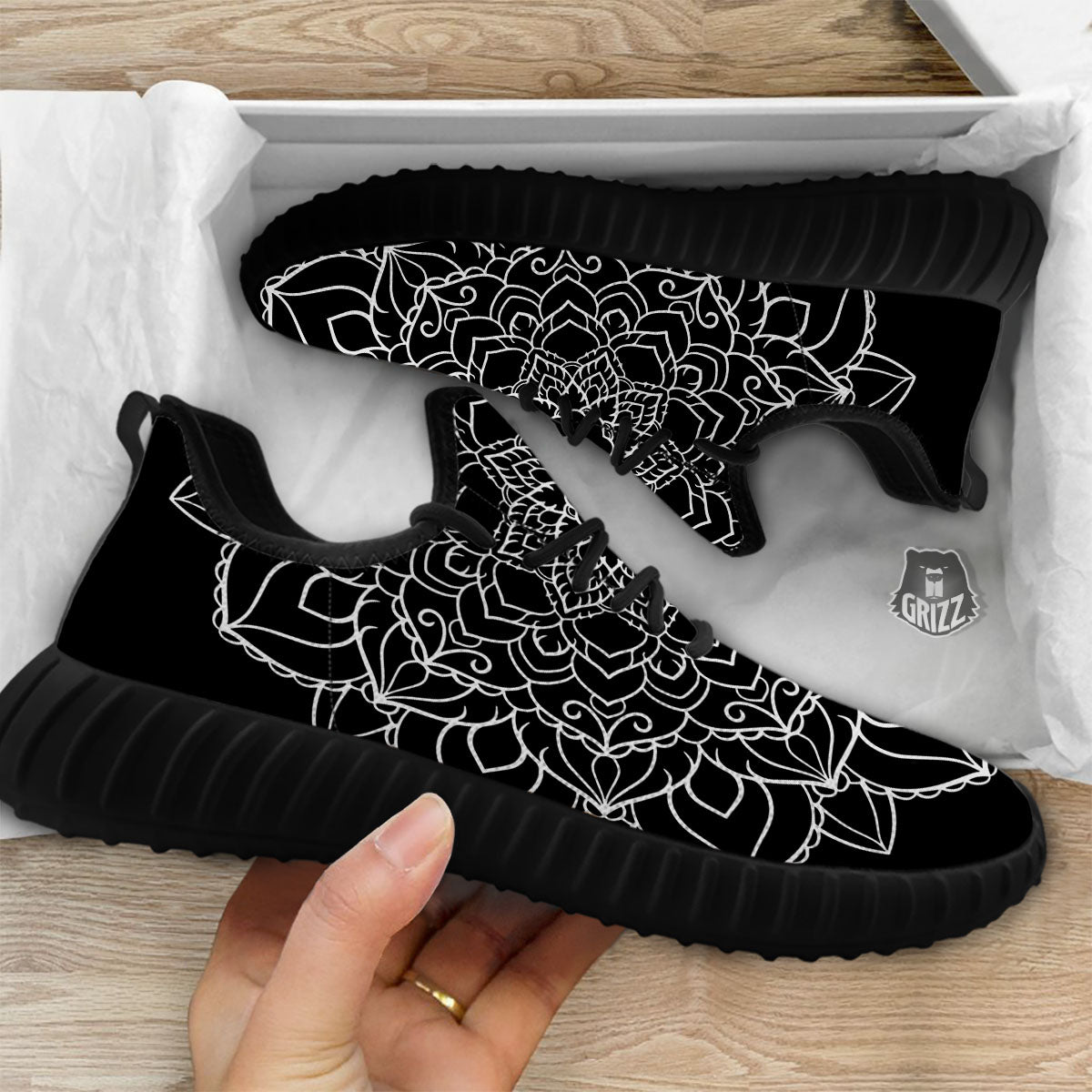 Boho Mandala White And Black Print Black Walking Shoes-grizzshop