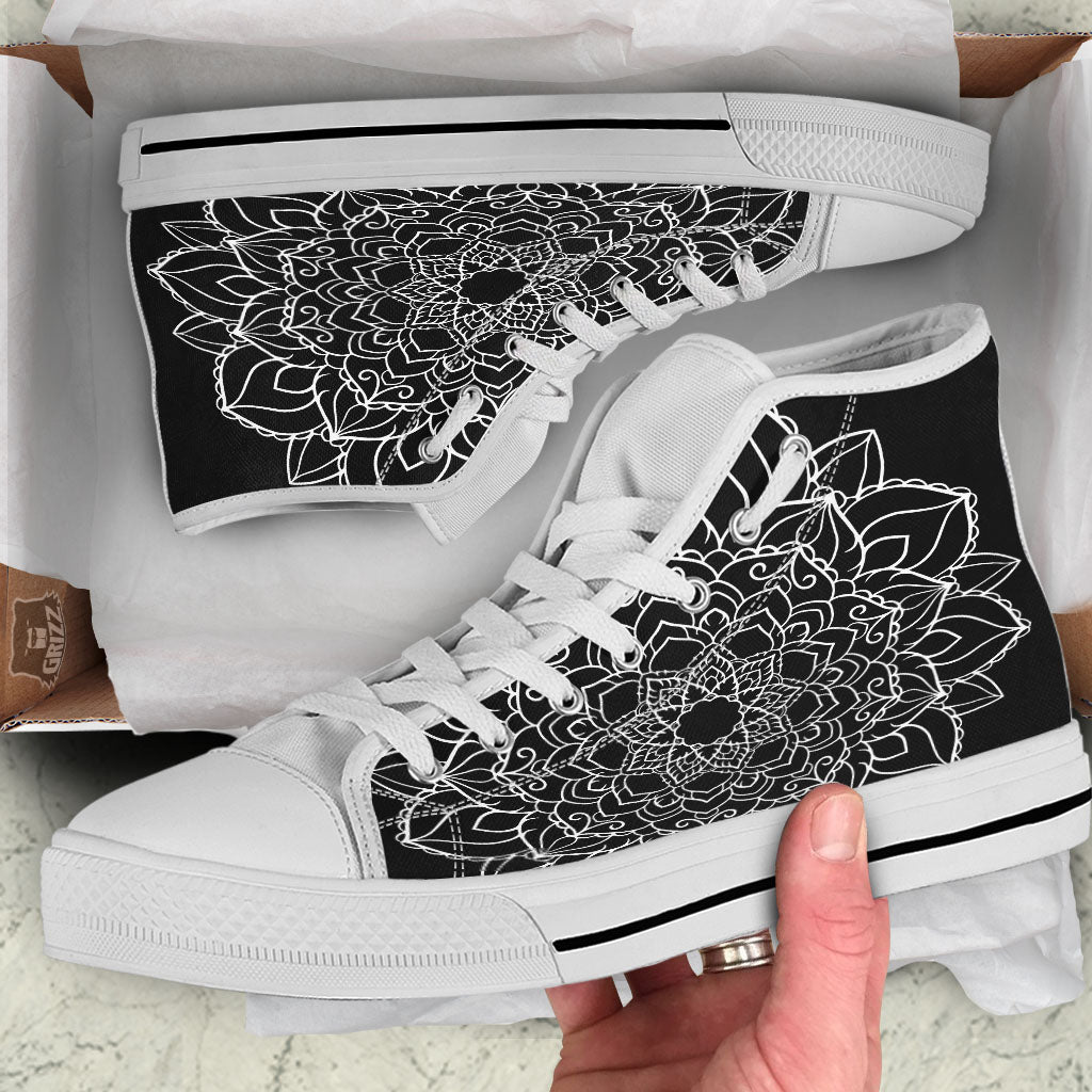 Boho Mandala White And Black Print White High Top Shoes-grizzshop