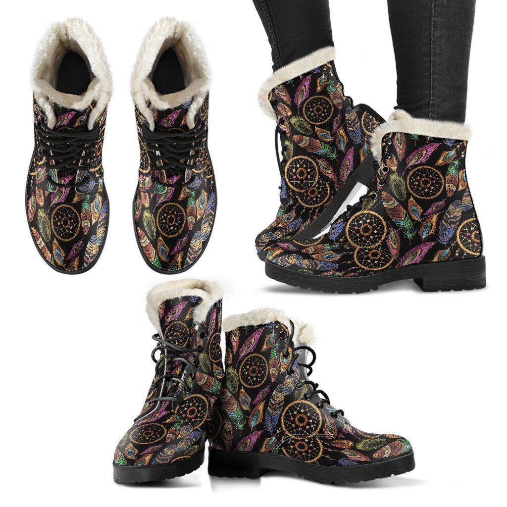 Boho Peacock Dream Catcher Feather Pattern Print Comfy Winter Boots-grizzshop