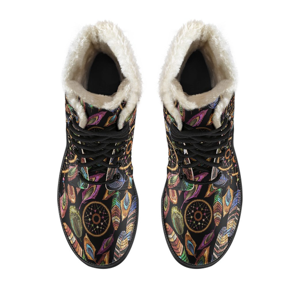 Boho Peacock Dream Catcher Feather Pattern Print Comfy Winter Boots-grizzshop