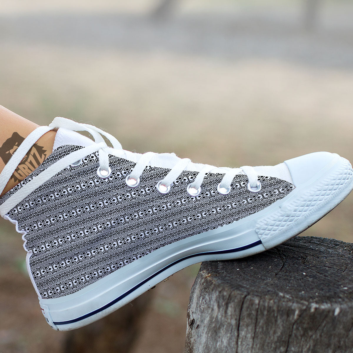 Boho Tribal White And Black Print White High Top Shoes-grizzshop