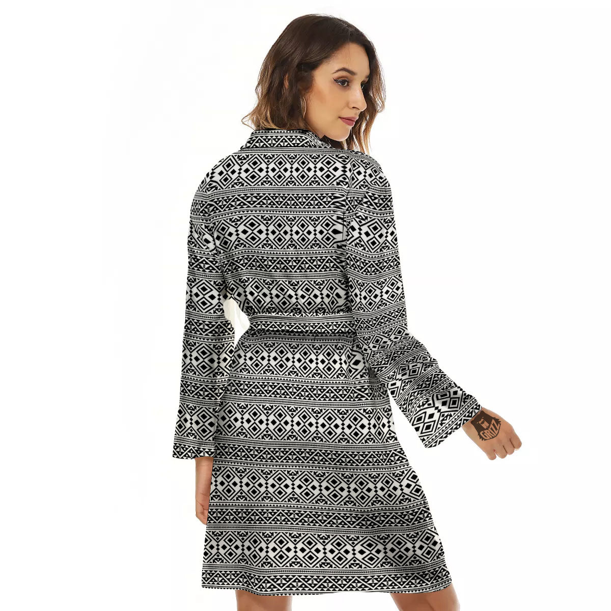Boho Tribal White And Black Print Women's Robe-grizzshop