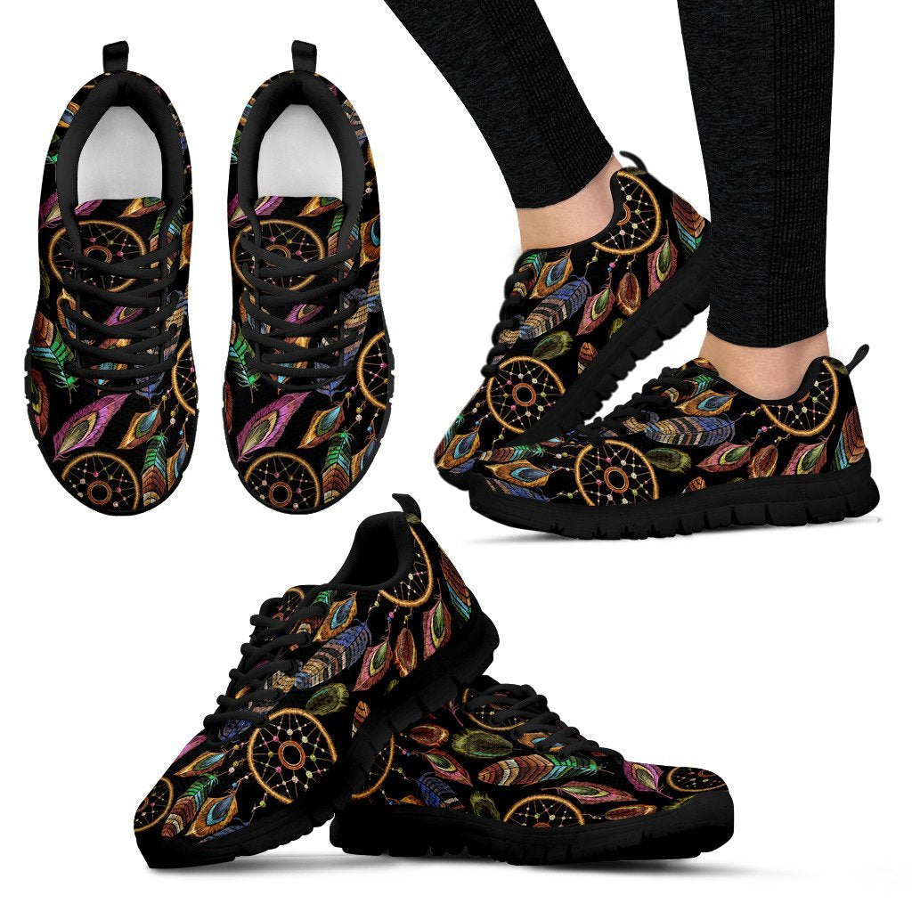 Boho Peacock Dream Catcher Feather Pattern Print Black Sneaker Shoes For Men Women-grizzshop