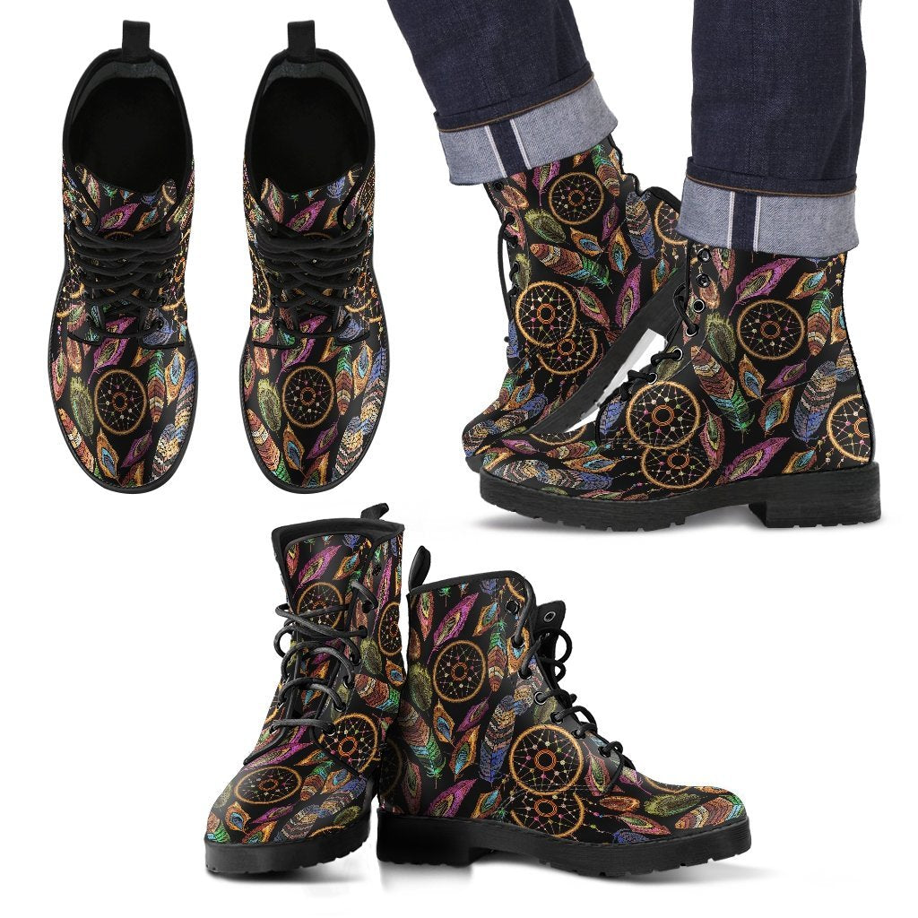 Boho Peacock Dream Catcher Feather Pattern Print Men Women Leather Boots-grizzshop