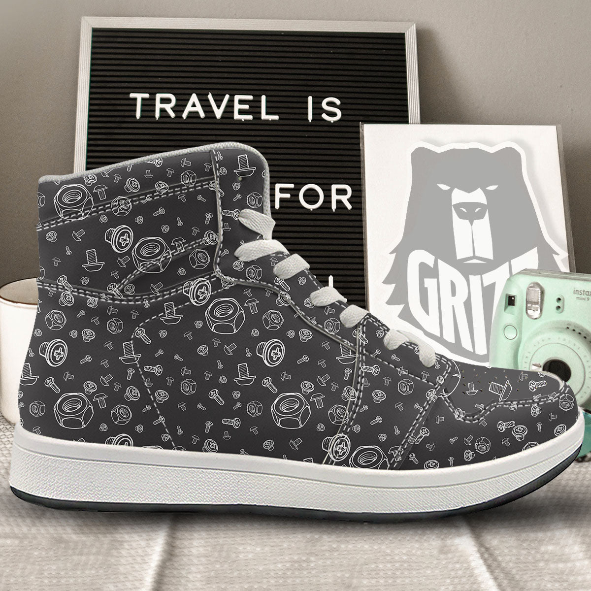 Bolts and Mechanic Nuts Print Pattern High Top Sneakers-grizzshop