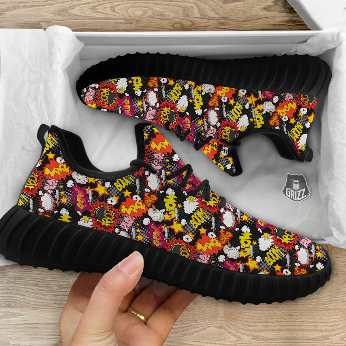 Bomb Boom Comic Graffiti Print Pattern Black Walking Shoes-grizzshop