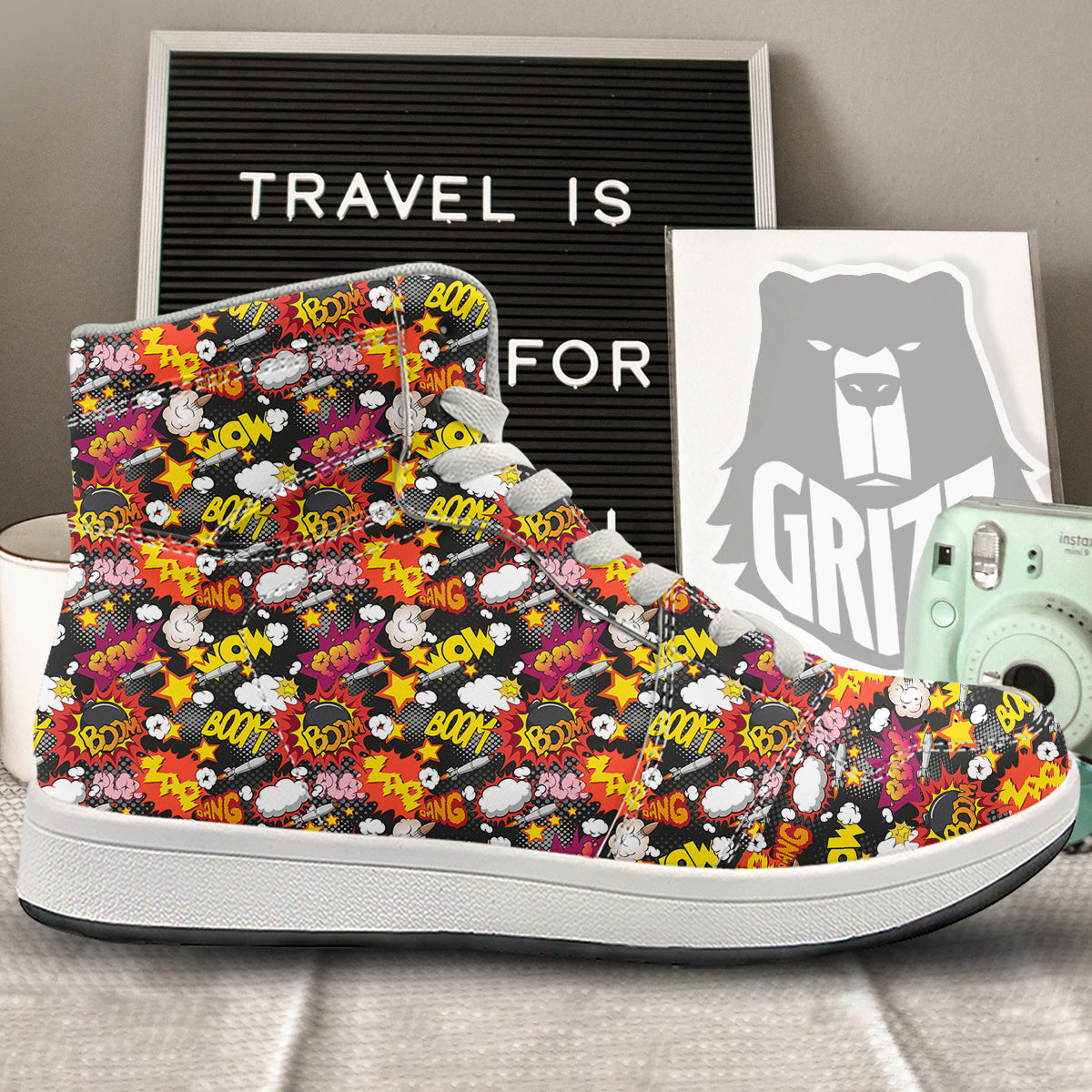 Bomb Boom Comic Graffiti Print Pattern High Top Sneakers-grizzshop