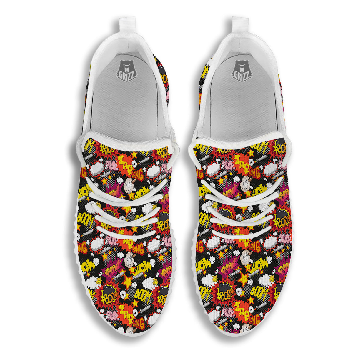 Bomb Boom Comic Graffiti Print Pattern White Walking Shoes-grizzshop