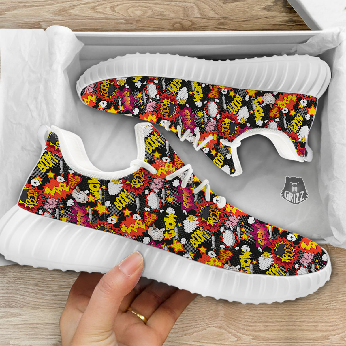 Bomb Boom Comic Graffiti Print Pattern White Walking Shoes-grizzshop