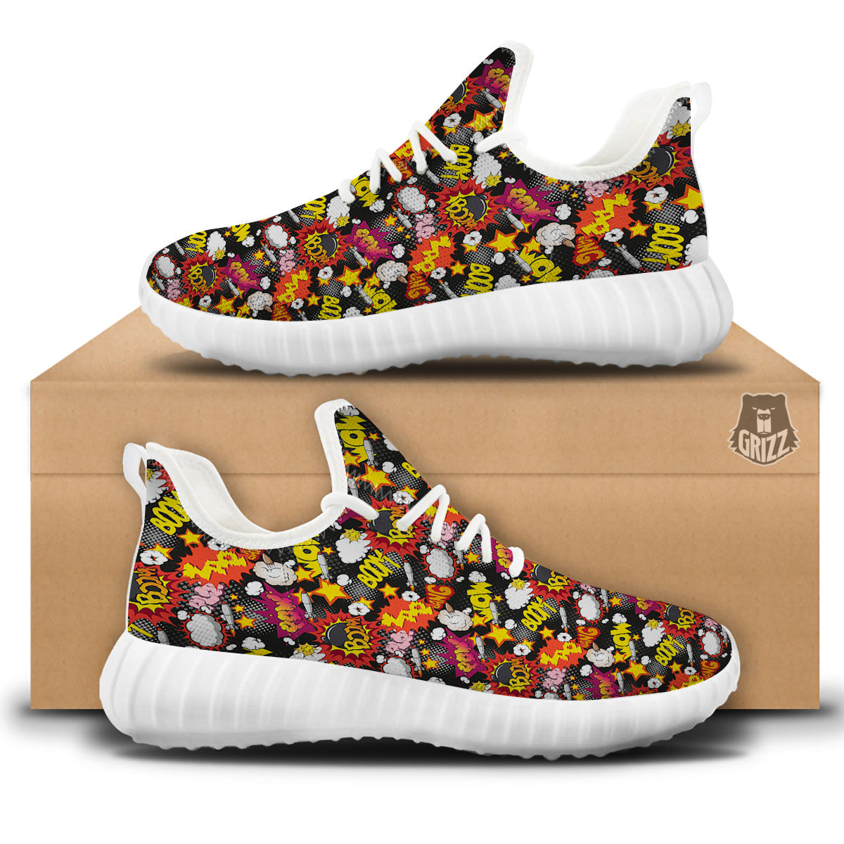 Bomb Boom Comic Graffiti Print Pattern White Walking Shoes-grizzshop