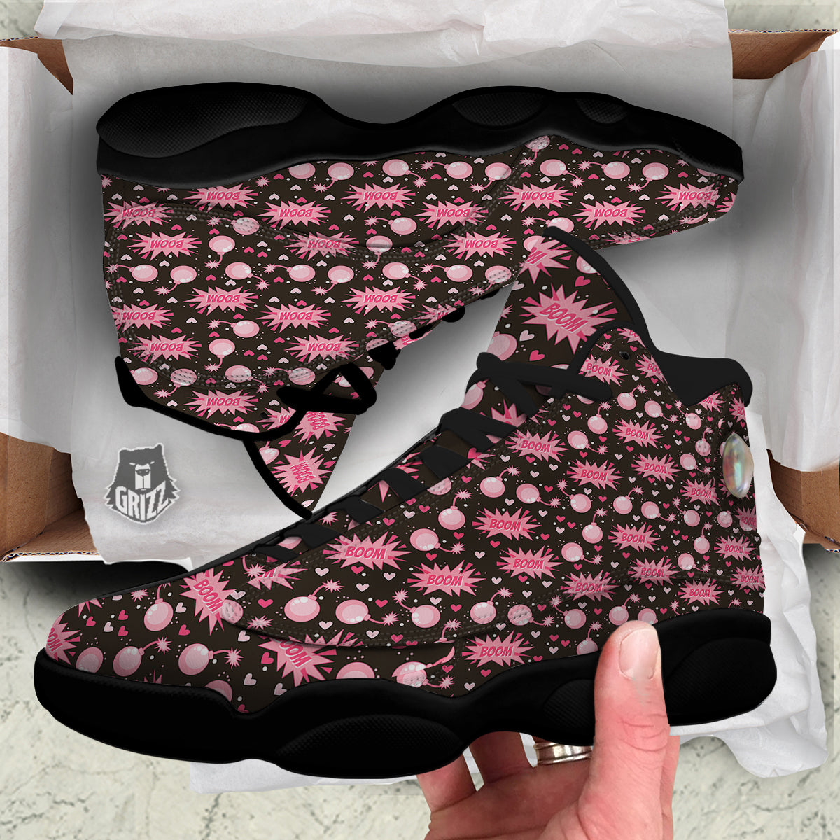 Bomb Boom Pink And Heart Print Pattern Black Basketball Shoes-grizzshop