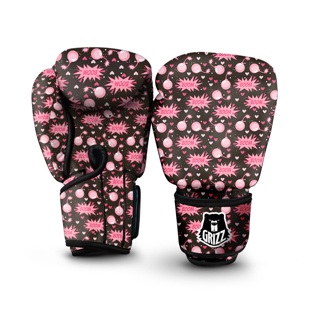 Bomb Boom Pink And Heart Print Pattern Boxing Gloves-grizzshop