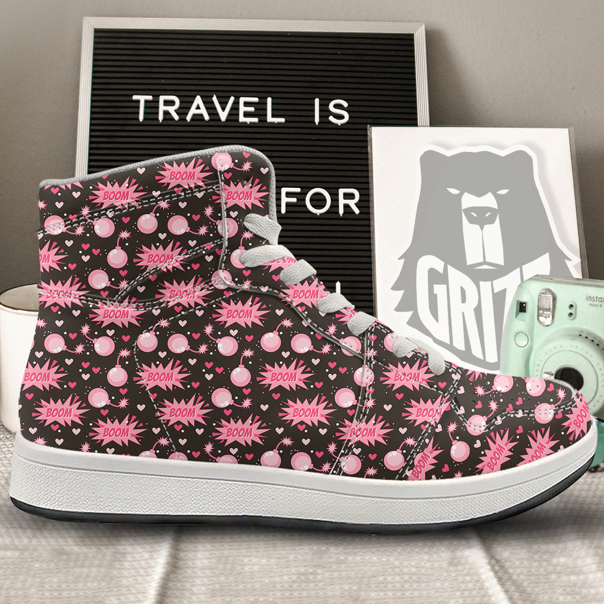 Bomb Boom Pink And Heart Print Pattern High Top Sneakers-grizzshop