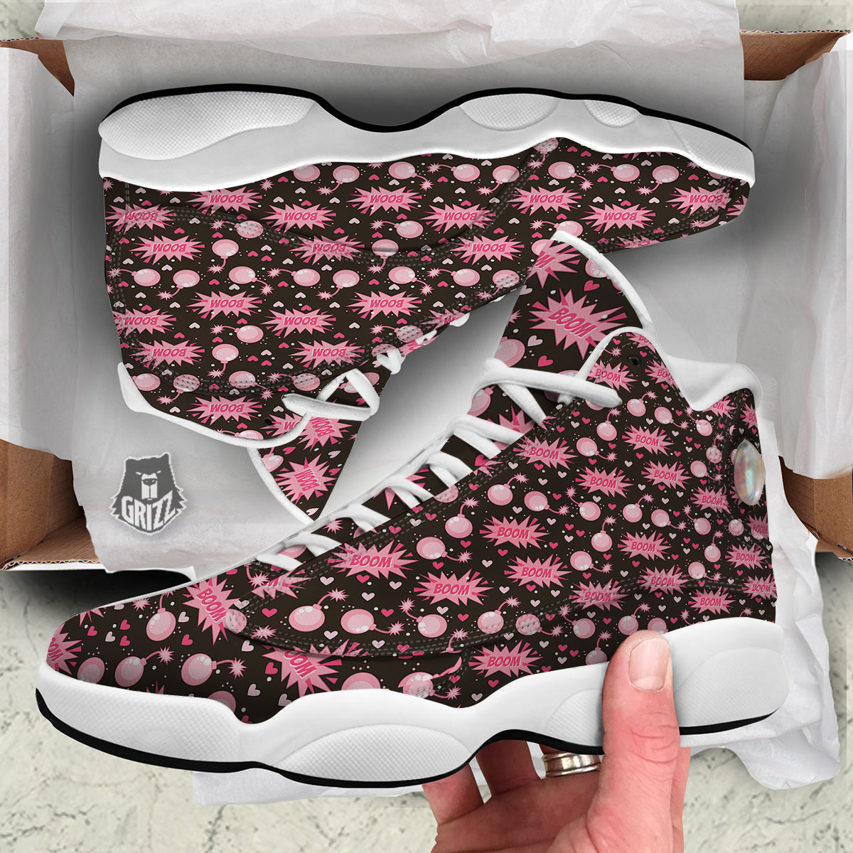 Bomb Boom Pink And Heart Print Pattern White Basketball Shoes-grizzshop