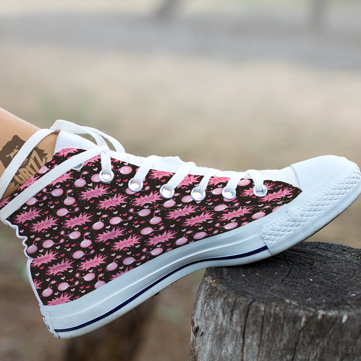 Bomb Boom Pink And Heart Print Pattern White High Top Shoes-grizzshop