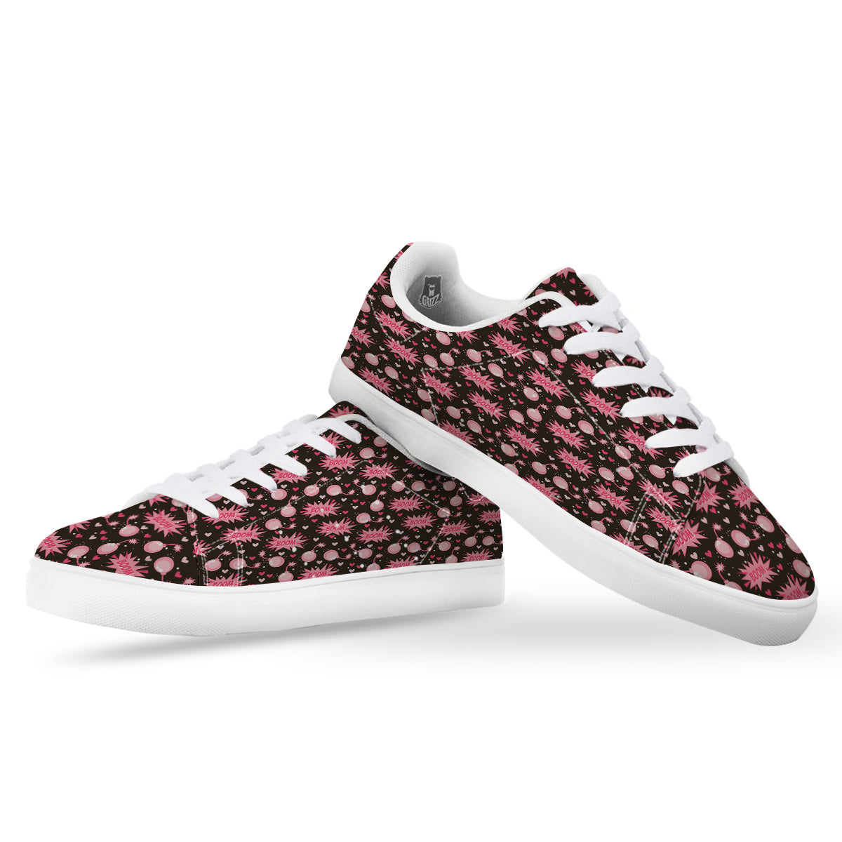 Bomb Boom Pink And Heart Print Pattern White Low Top Sneakers-grizzshop
