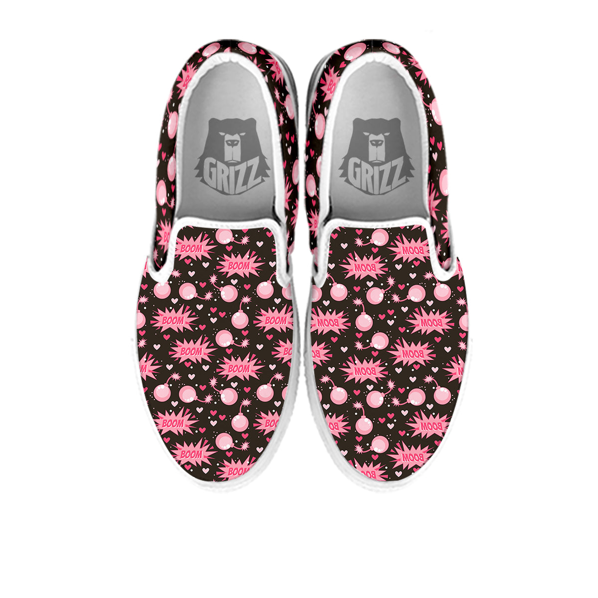 Bomb Boom Pink And Heart Print Pattern White Slip On Shoes-grizzshop