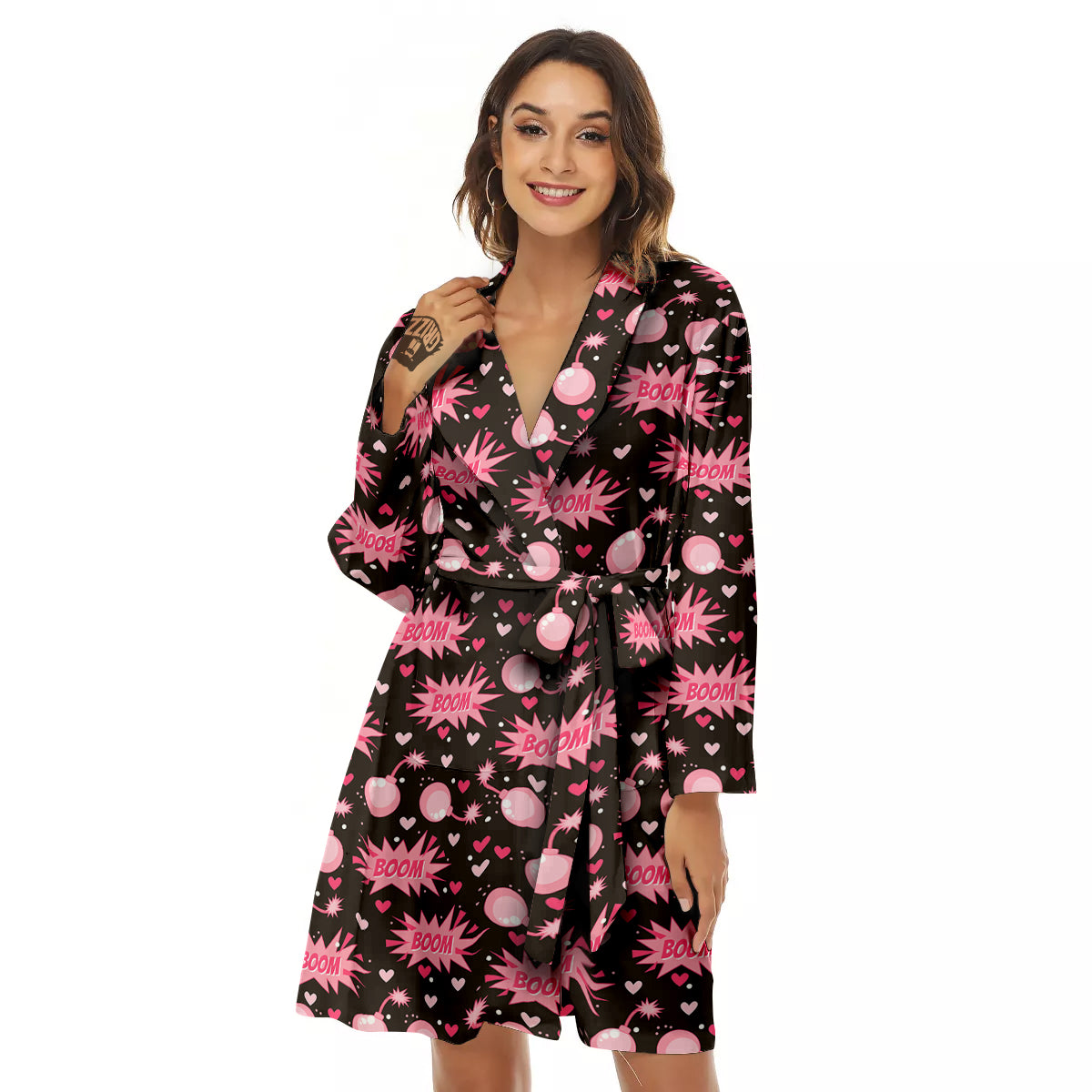 Bomb Boom Pink And Heart Print Pattern Women's Robe-grizzshop