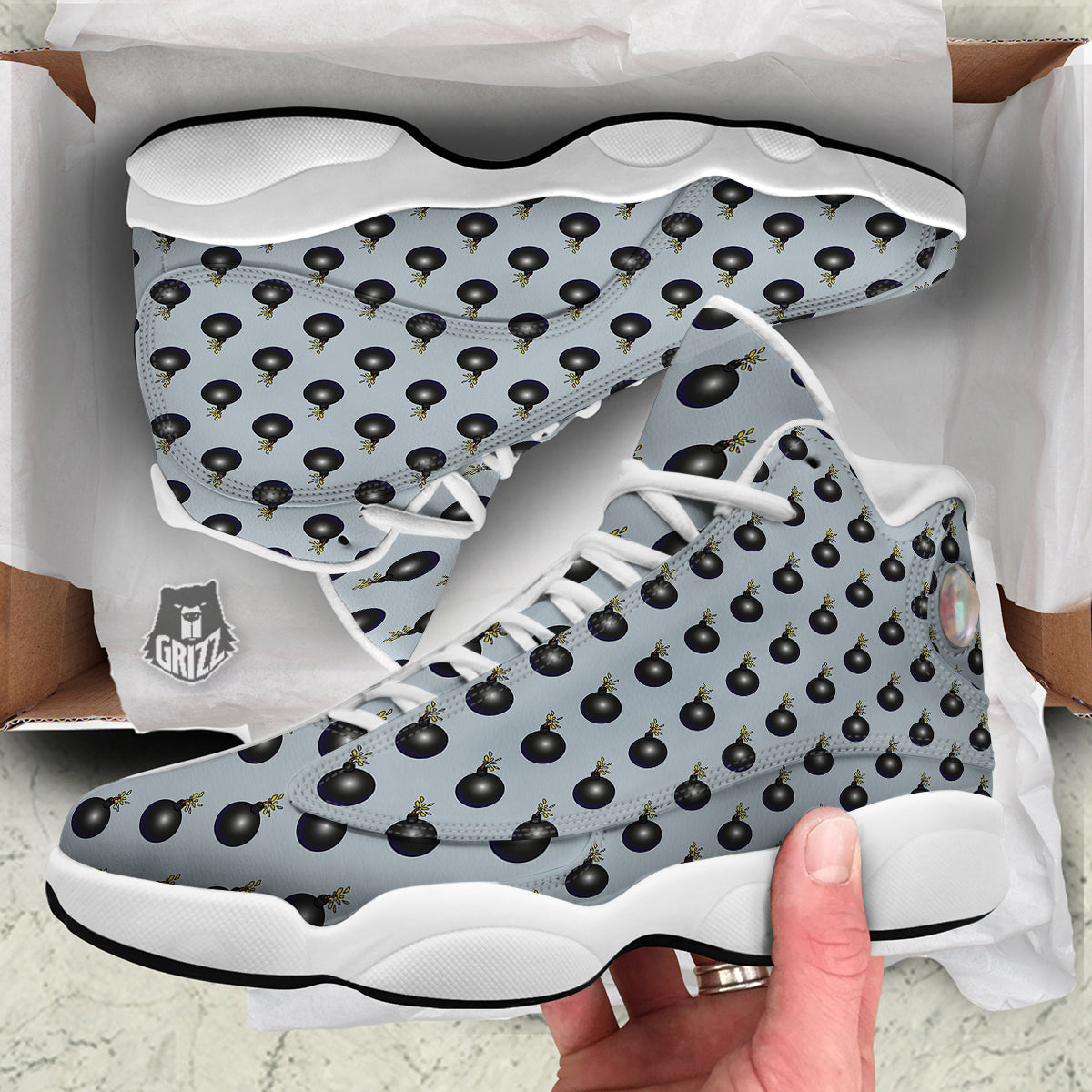 Bomb Vintage Print Pattern White Basketball Shoes-grizzshop