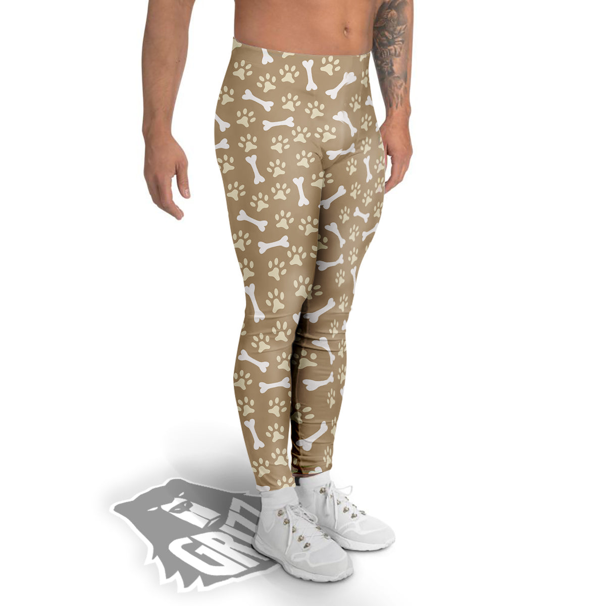 Bone And Beige Paw Print Pattern Men's Leggings-grizzshop
