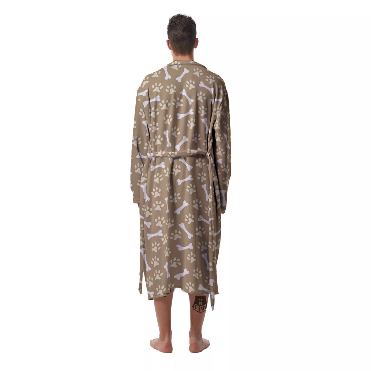 Bone And Beige Paw Print Pattern Men's Robe-grizzshop