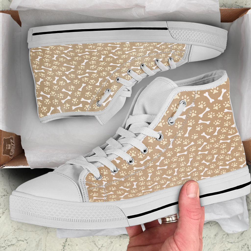 Bone And Beige Paw Print Pattern White High Top Shoes-grizzshop