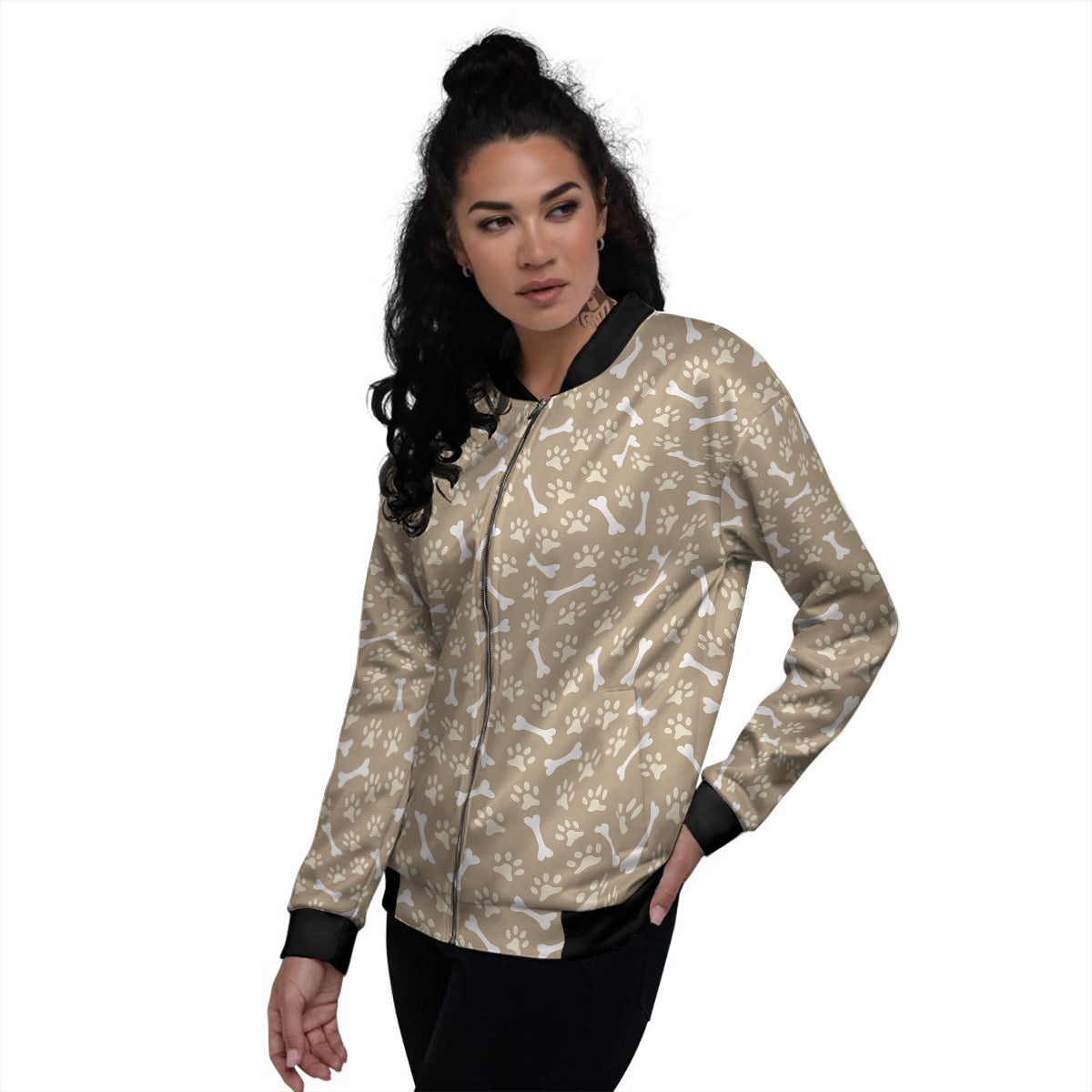 Bone And Beige Paw Print Pattern Women's Bomber Jacket-grizzshop
